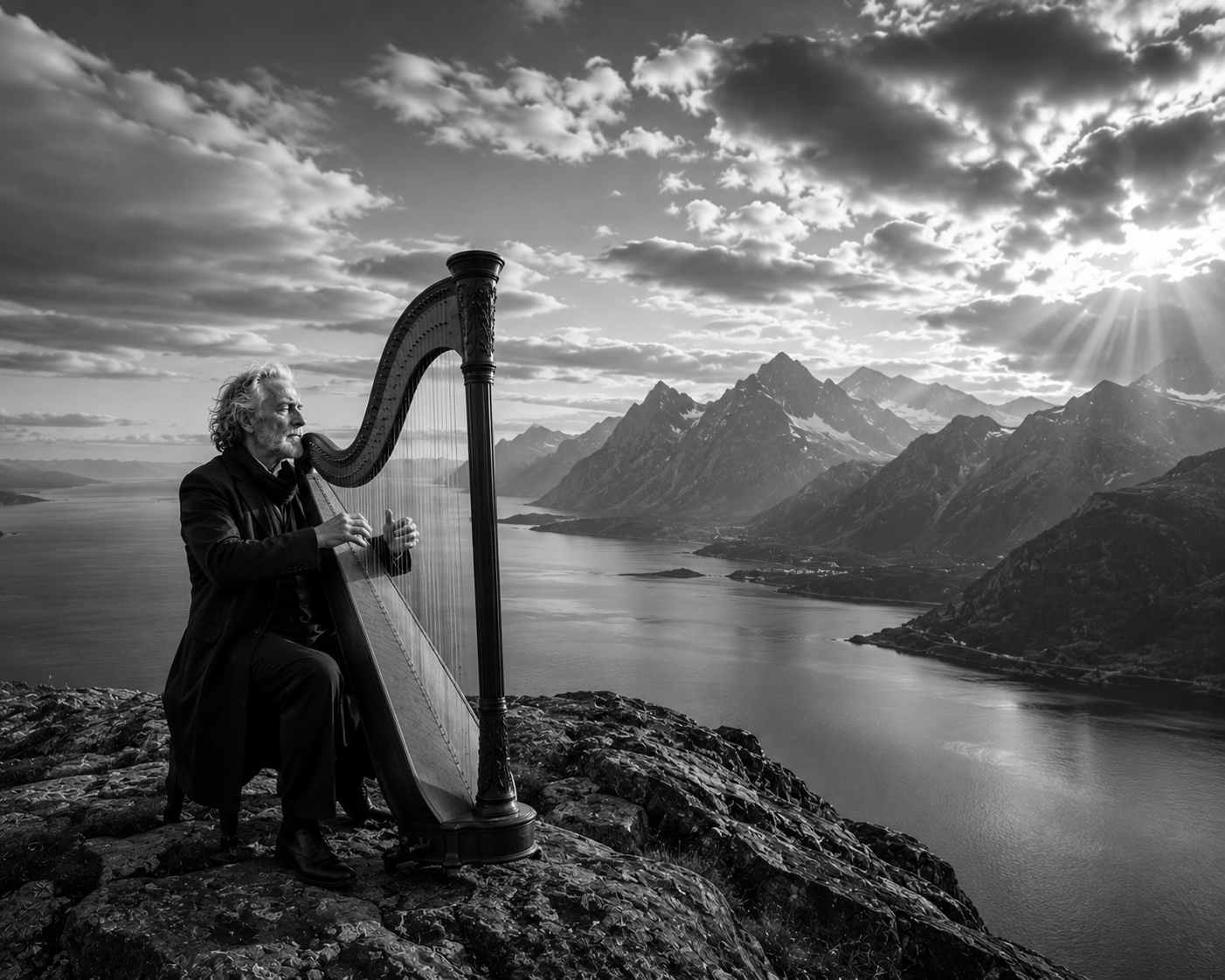 A musician plays a harp on a mountain summit overlooking a fjord, at sunrise.